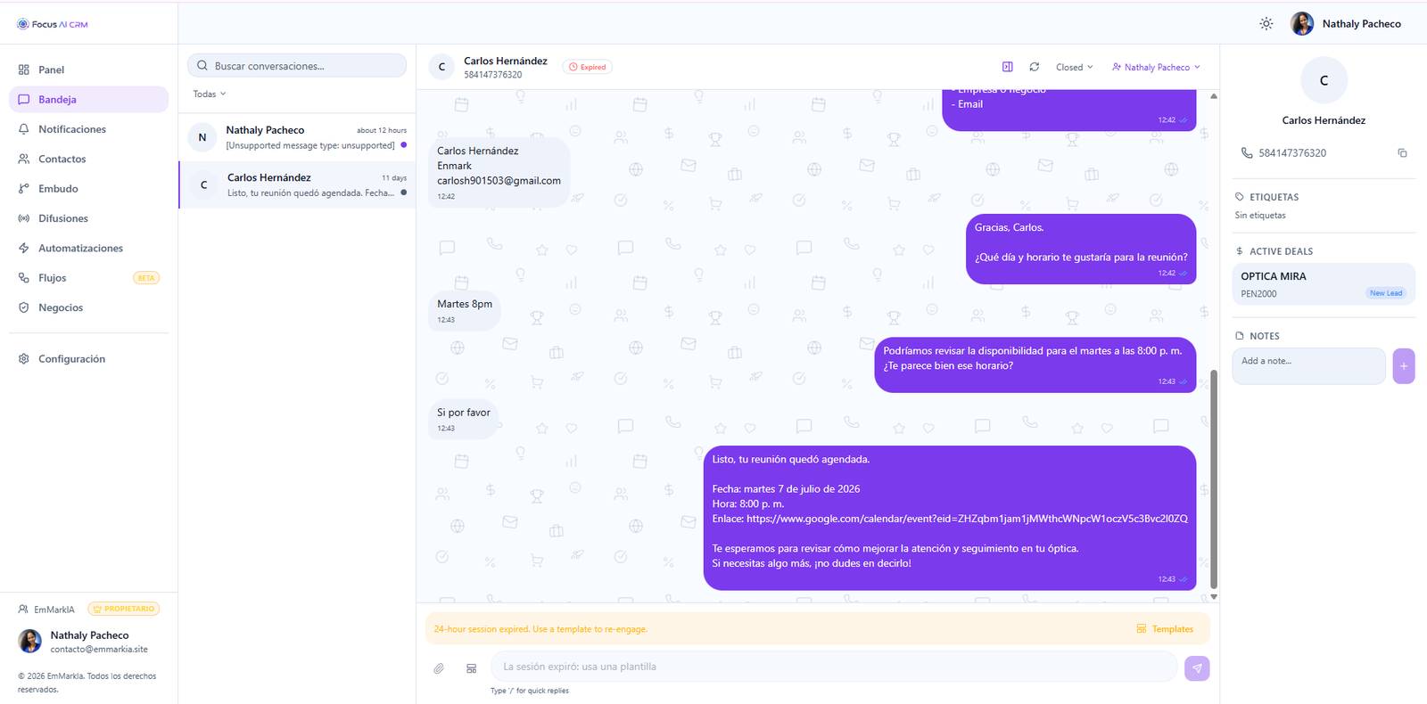 Pantalla real de Bandeja de conversaciones